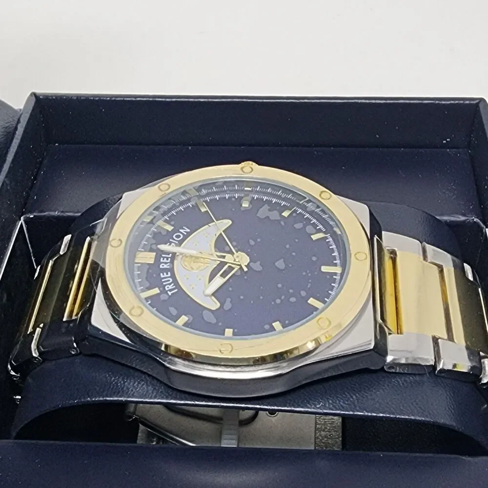 True Religion Watch Blue Dial Gold Bezel Two Tone Mens Analog Bracelet Boxed